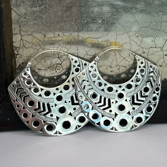 Silver Plated Huge Tribal Hoop Earrings - Picture 1 of 4